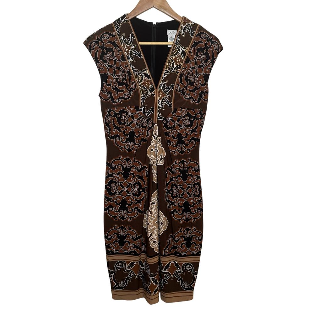 Y2K Cache Size 4 Brown Black Printed Beaded VNeck Cap Sleeve Stretch Knit Dress